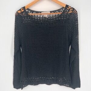 Vintage 90s Y2K Womens Crochet Open Knit Blouse Sz L Black Gothic Fairy Grunge